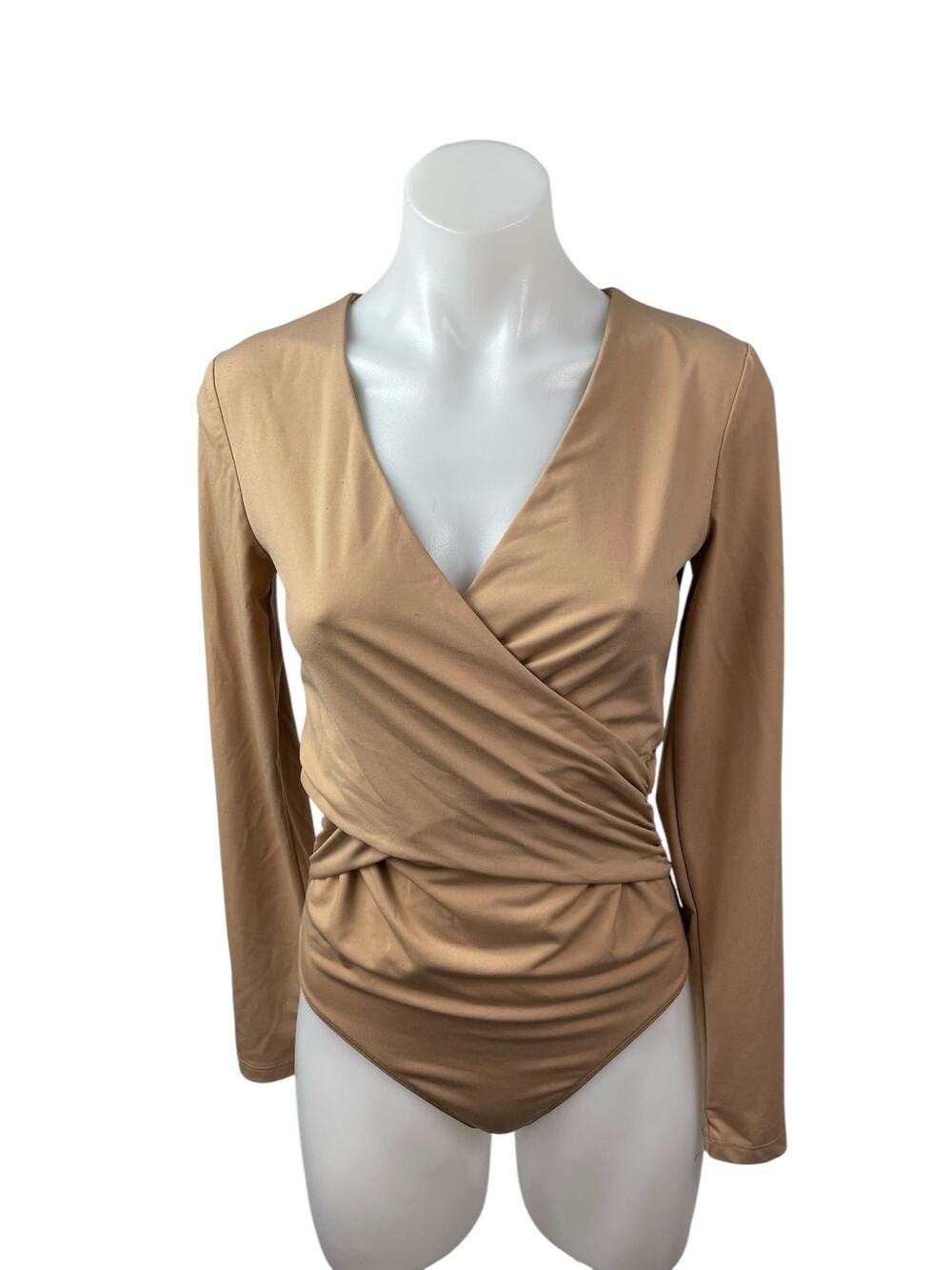 Abercrombie & Fitch Women's Brown V Neck Long Sleeve Drape Wrap Bodysuit Top S